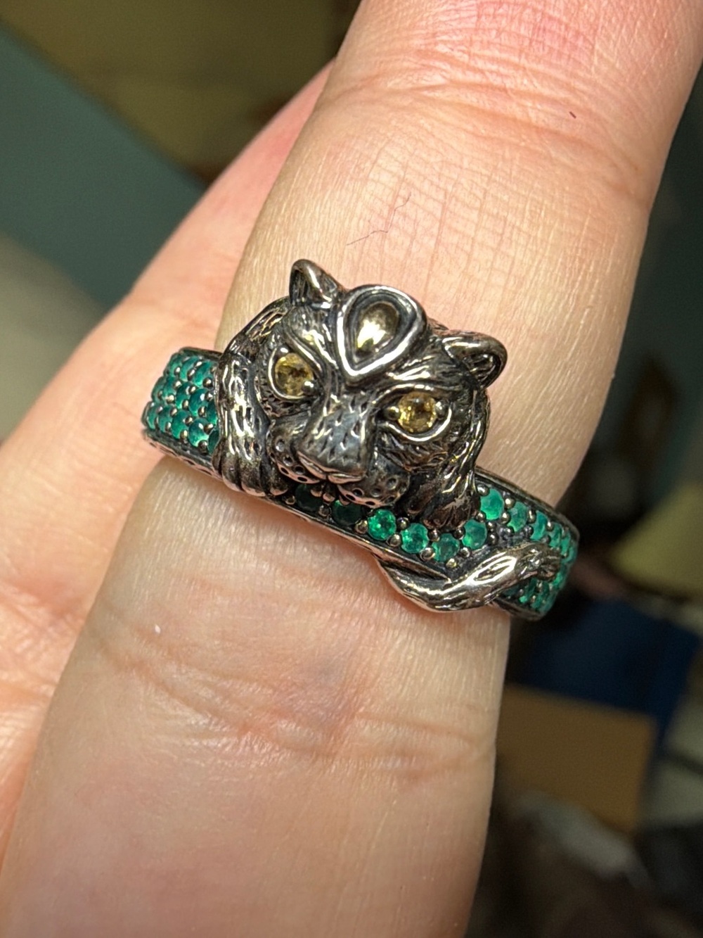 John Hardy Silver Panther Ring - Emeralds, Citrine Eyes, 14k Gold Accent Size 7